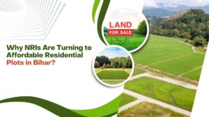 Affordable residential land and plots for sale in Bihar attracting NRIs – green farmland landscape with property markers and ‘Land for Sale’ sign