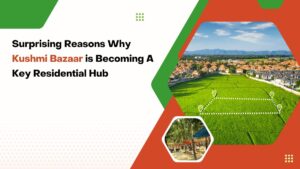 Banner showing reasons why Kushmi Bazaar in Gorakhpur is emerging as a major residential hub, featuring aerial view of green plots and nearby housing