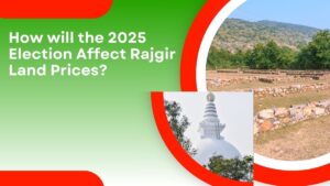 Graphic showing Rajgir landscape and a Buddhist stupa with the text “How will the 2025 Election Affect Rajgir Land Prices?”