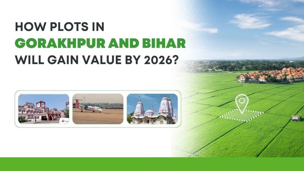 Promotional banner showing agricultural land with development infrastructure including railway station, airport, and temple in Gorakhpur and Bihar regions