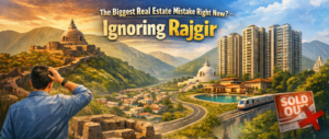 Illustration showing Rajgir’s transformation from historic hills and Buddhist monuments to modern high-rise real estate with new roads and rail, highlighting missed investment opportunities.