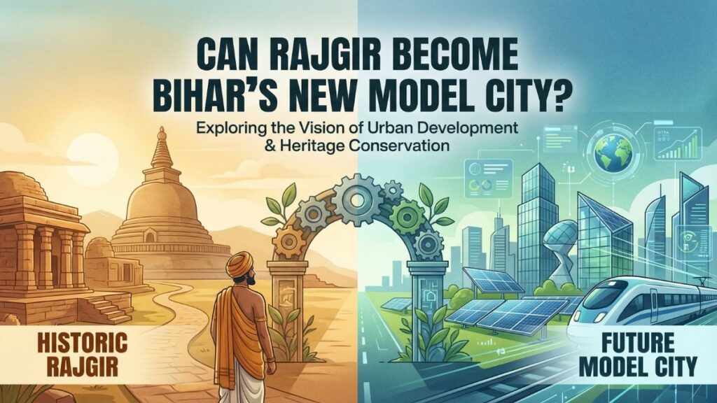 Illustration showing Rajgir’s transition from ancient heritage with historic structures and a monk figure to a modern city with smart buildings, renewable energy, and advanced transport, symbolizing urban development and conservation