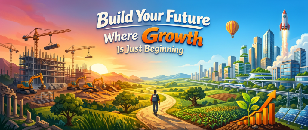 Promotional illustration showing construction on one side and a futuristic green city on the other, with the text “Build Your Future Where Growth Is Just Beginning.”