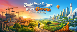 Promotional illustration showing construction on one side and a futuristic green city on the other, with the text “Build Your Future Where Growth Is Just Beginning.”